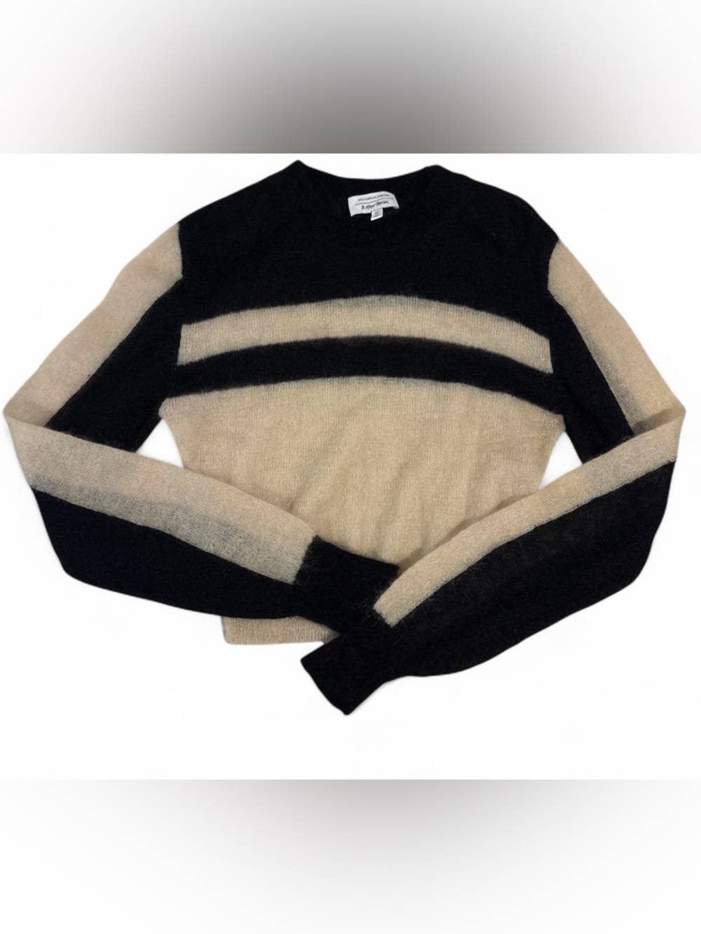 & Other Stories Mohair Blend Wool Cropped Sweater Striped Black Cream S - Picture 2 of 3